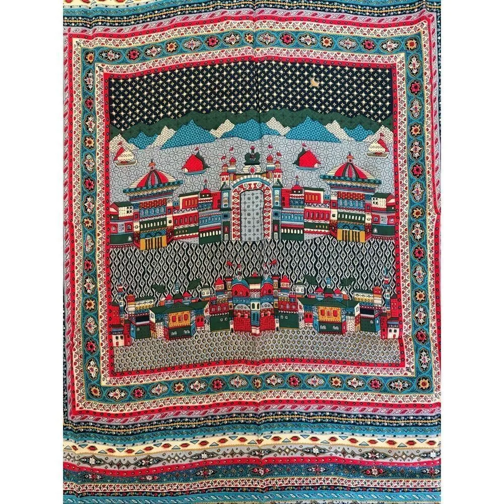 Vintage Vivienne Scenic Silk-Feel Scarf 34” x 34” Blue Cityscape Print Square - Picture 3 of 10